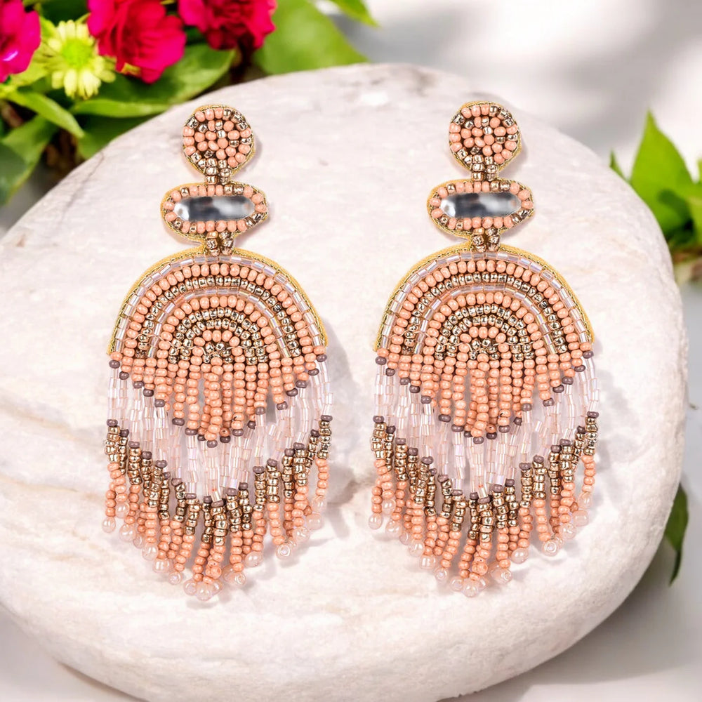 Boho Chic Beaded Dangle Earrings - Peach and Gold Statement Jewellery - EarthBased 
