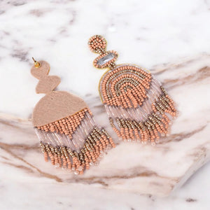 Boho Chic Beaded Dangle Earrings - Peach and Gold Statement Jewellery - EarthBased 