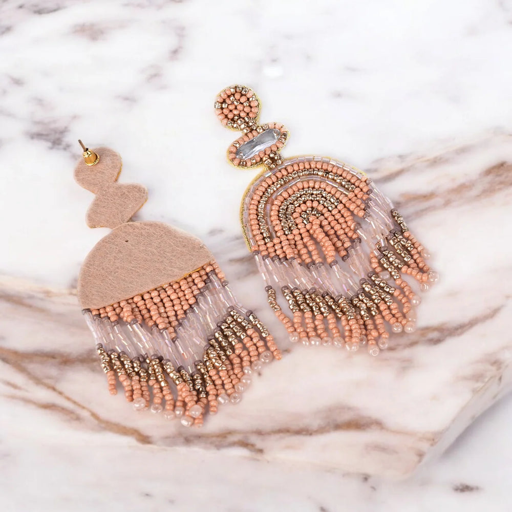 Boho Chic Beaded Dangle Earrings - Peach and Gold Statement Jewellery - EarthBased 