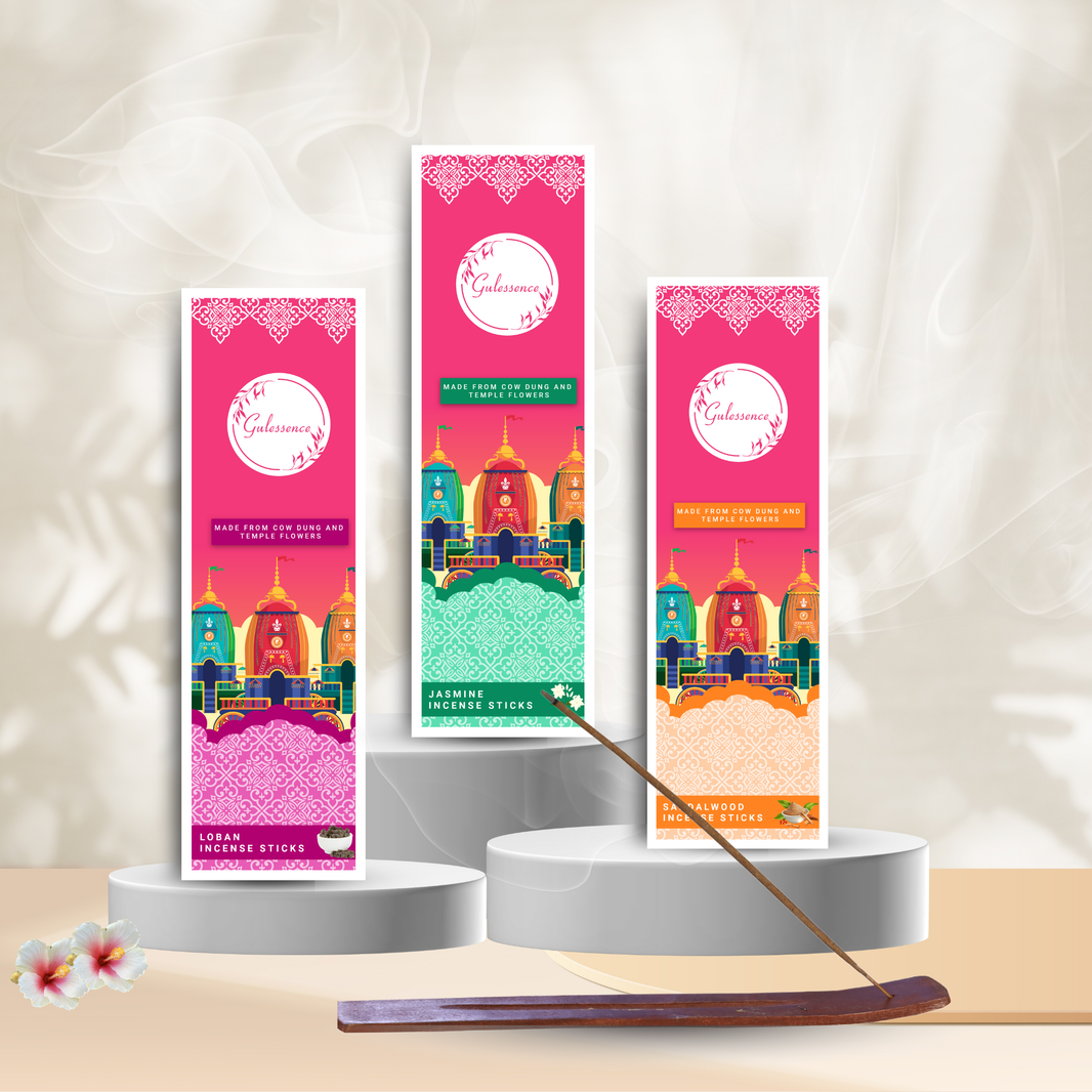 Gulessence  Sandal, Jasmine ,Loban Incense Sticks with Free Incense Holder | Pack of 3 (40 Incense Sticks Each Box) - EarthBased 