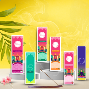 Gulessence (Pack of 6) -Loban ,Oudh, Rose, Jasmine ,Nirvanasence & Sandalwood Incense Sticks with Free Incense Holder - EarthBased 