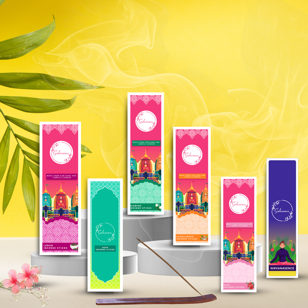 Gulessence (Pack of 6) -Loban ,Oudh, Rose, Jasmine ,Nirvanasence & Sandalwood Incense Sticks with Free Incense Holder - EarthBased 
