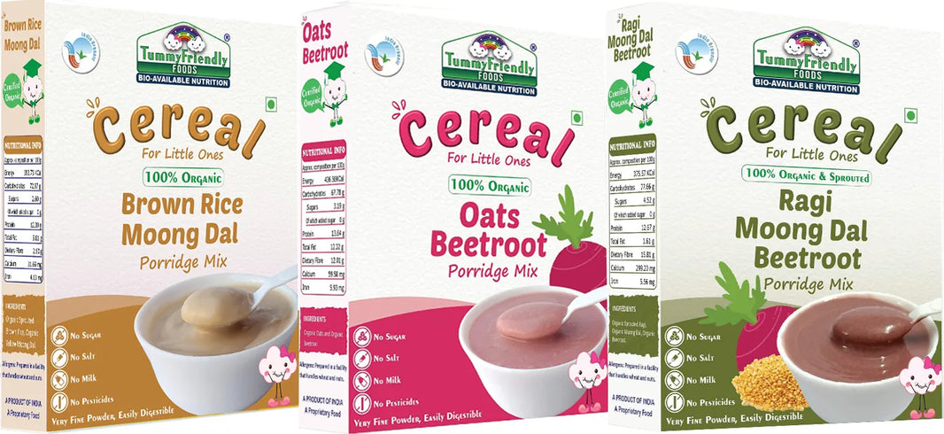 TummyFriendly Foods Certified Organic Stage2 Sprouted Porridge Mixes Combo Pack |Sprouted Ragi, Brown Rice, Oats, Dal & Vegetable | 200g Each, Cereal (600 g, Pack of 3) - EarthBased 