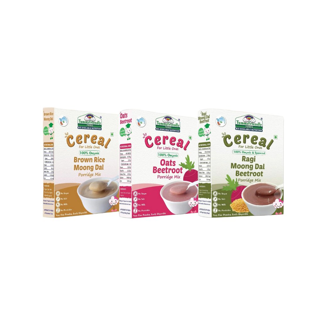TummyFriendly Foods Certified Organic Stage2 Sprouted Porridge Mixes Combo Pack |Sprouted Ragi, Brown Rice, Oats, Dal & Vegetable | 200g Each, Cereal (600 g, Pack of 3) - EarthBased 