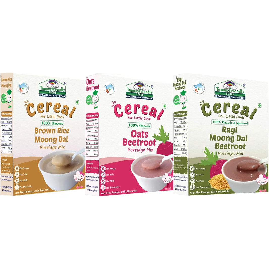TummyFriendly Foods Certified Organic Stage2 Sprouted Porridge Mixes Combo Pack |Sprouted Ragi, Brown Rice, Oats, Dal & Vegetable | 200g Each, Cereal (600 g, Pack of 3) - EarthBased 
