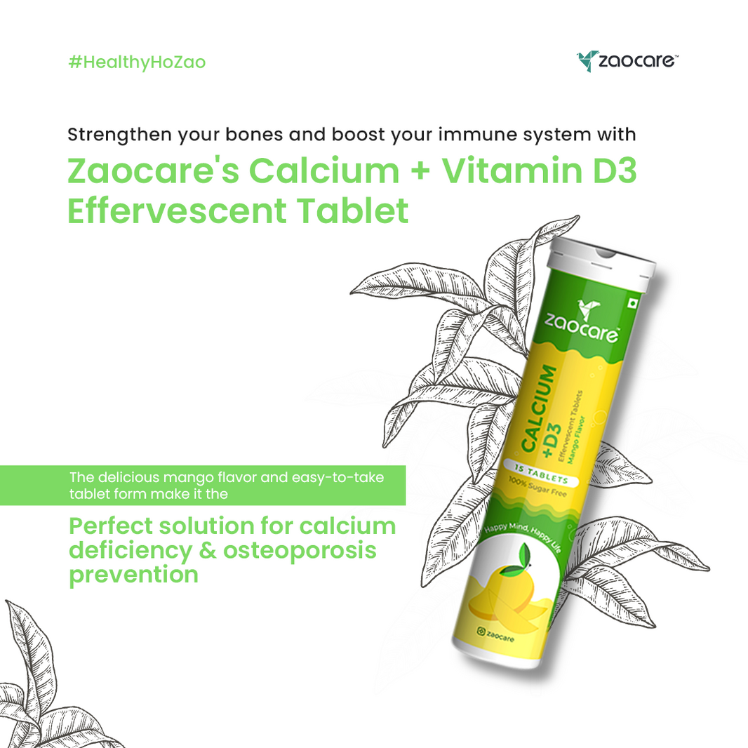 Zaocare Calcium & Vitamin D3 Effervescent Tablets | For Bone, Teeth & Muscle Health | 100% Vegan - EarthBased 