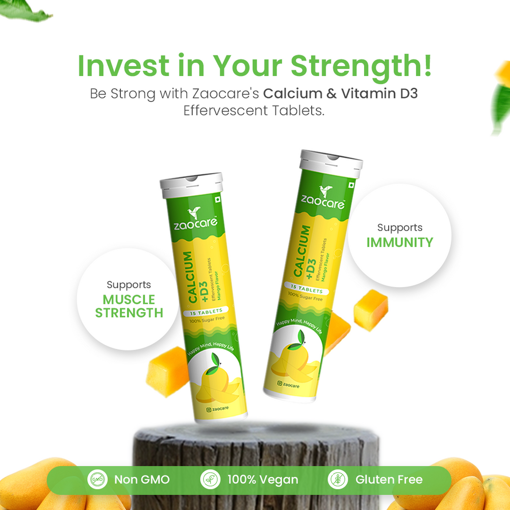 Zaocare Calcium & Vitamin D3 Effervescent Tablets | For Bone, Teeth & Muscle Health | 100% Vegan - EarthBased 