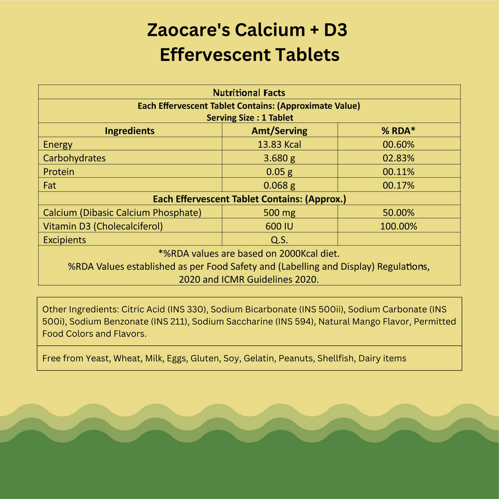 Zaocare Calcium & Vitamin D3 Effervescent Tablets | For Bone, Teeth & Muscle Health | 100% Vegan - EarthBased 
