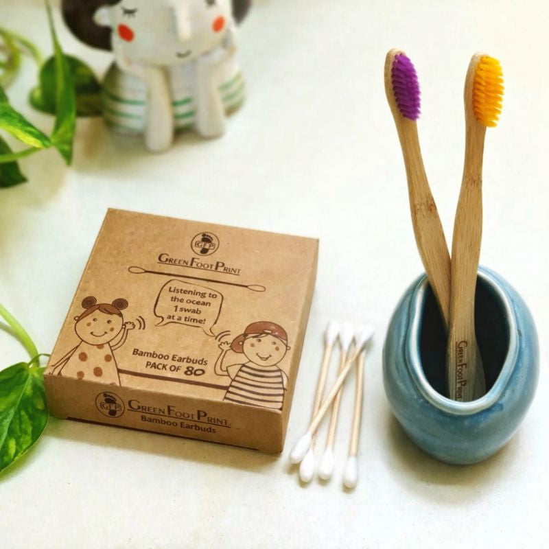 Natural Bamboo Toothbrush - Pack of 2 & Bamboo Earbuds / swabs - Pack of 80