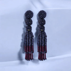 Chic Navy Blue Beaded Tassel Earrings - Sophisticated Statement jewellery - EarthBased 