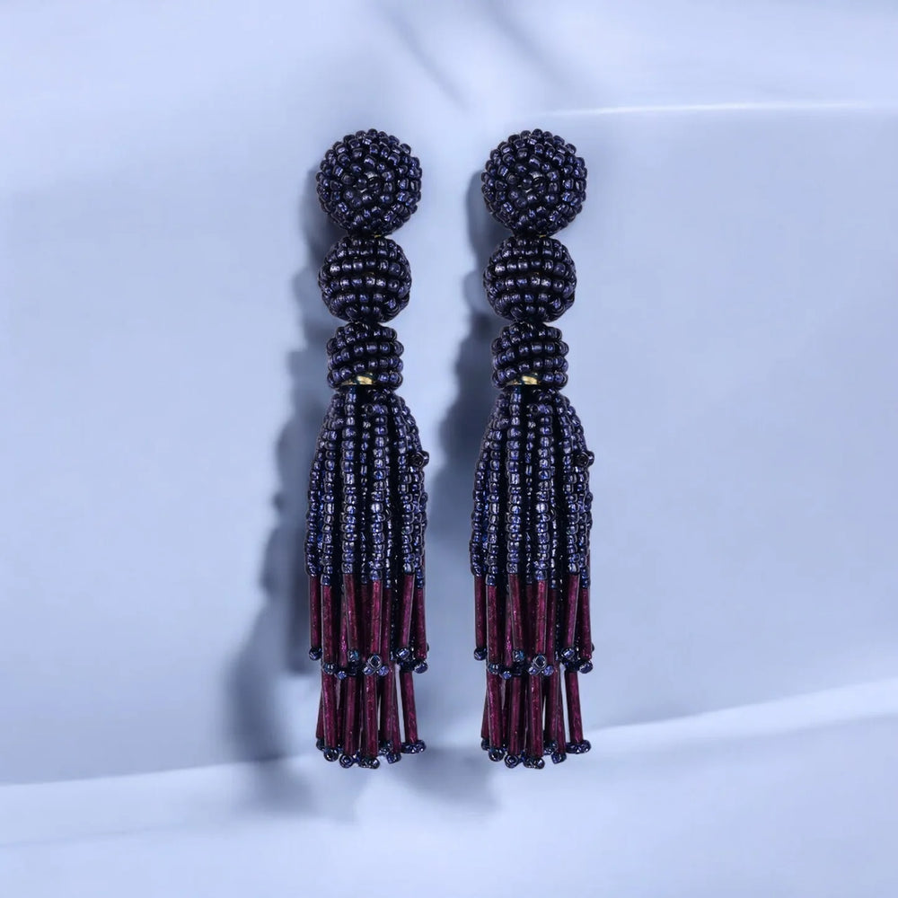 Chic Navy Blue Beaded Tassel Earrings - Sophisticated Statement jewellery - EarthBased 