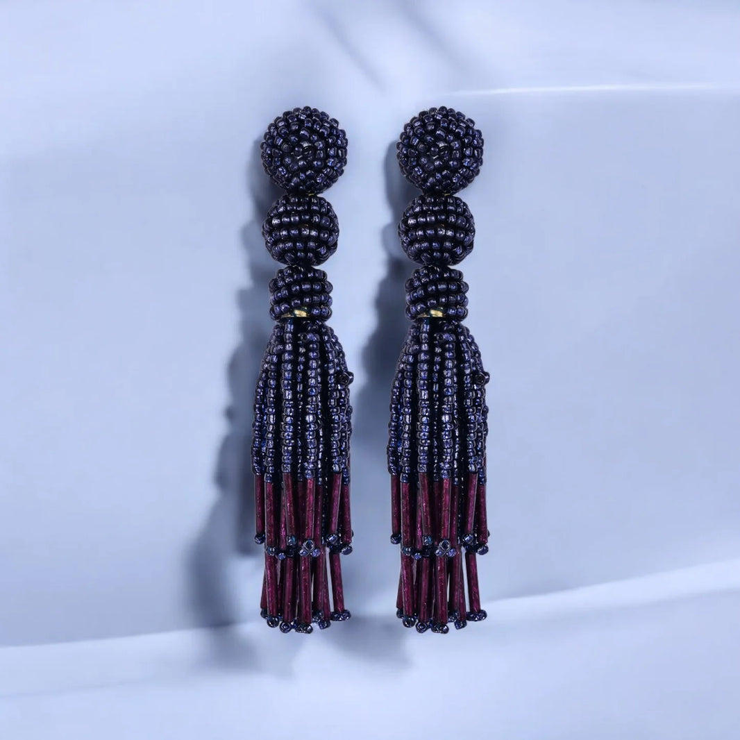 Chic Navy Blue Beaded Tassel Earrings - Sophisticated Statement jewellery - EarthBased 