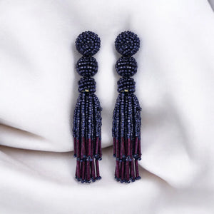 Chic Navy Blue Beaded Tassel Earrings - Sophisticated Statement jewellery - EarthBased 