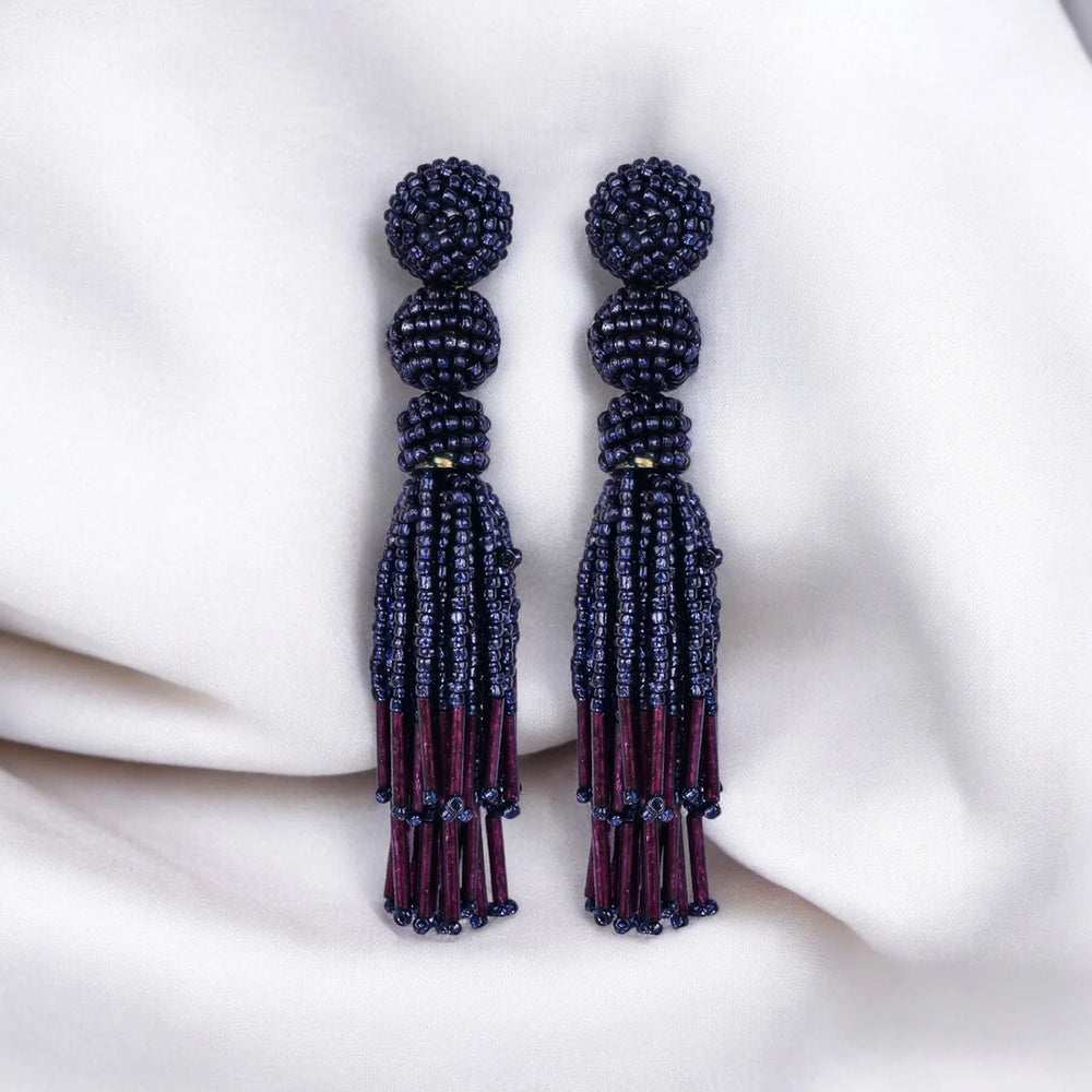 Chic Navy Blue Beaded Tassel Earrings - Sophisticated Statement jewellery - EarthBased 
