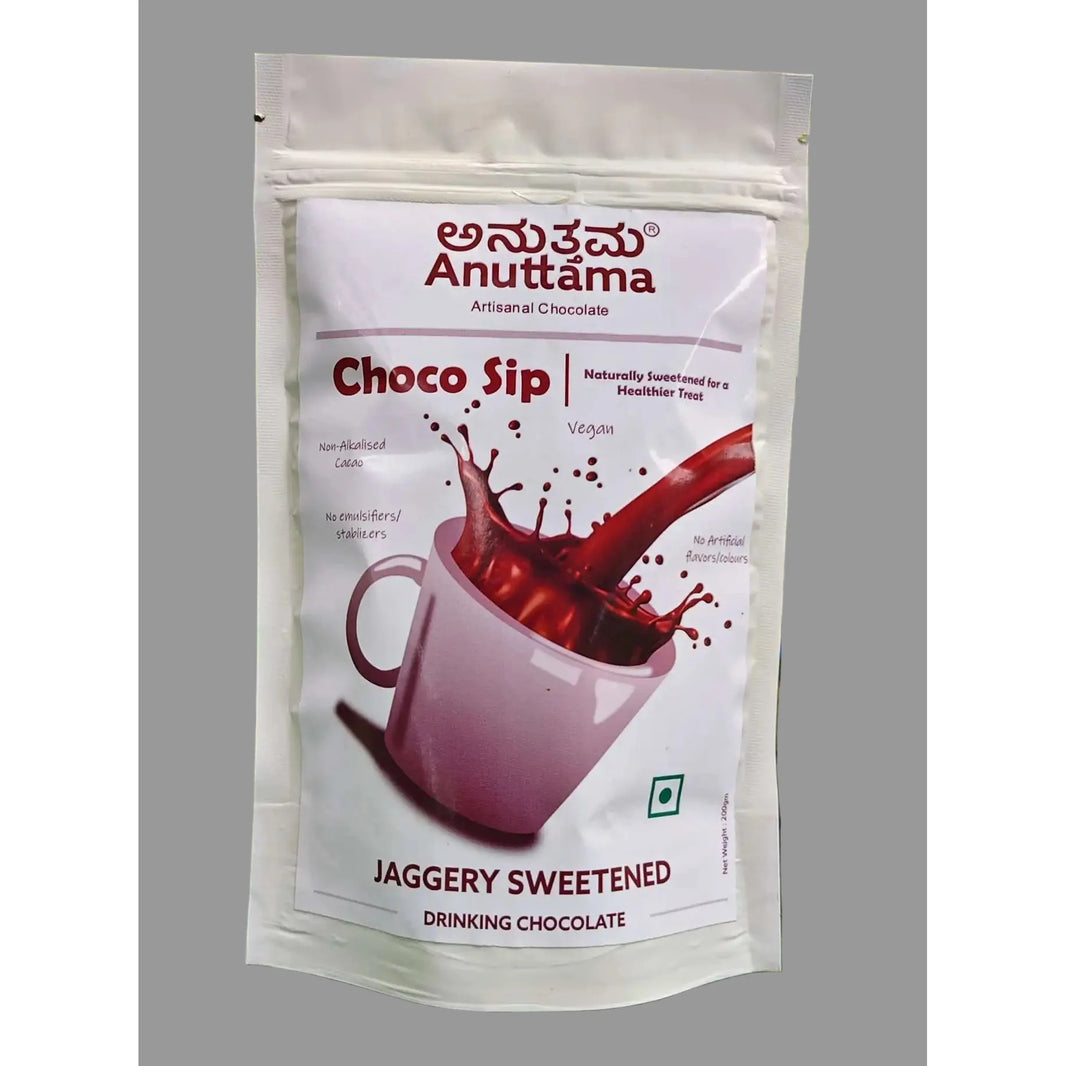 Anuttama Choco Sip drinking chocolate powder – non-alkalized, jaggery sweetened, vegan, single origin