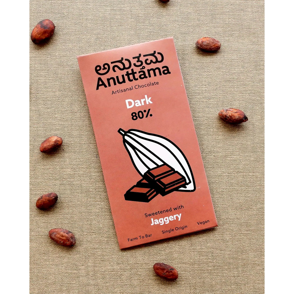 Dark Chocolate Bar | 80% Cocoa | Natural Jaggery Sweetened | Handmade Chocolate | Dark Chocolate Sugar Free | No Artificial Flavours and Colors | Natural Chocolate Bar | by Anuttama - EarthBased 
