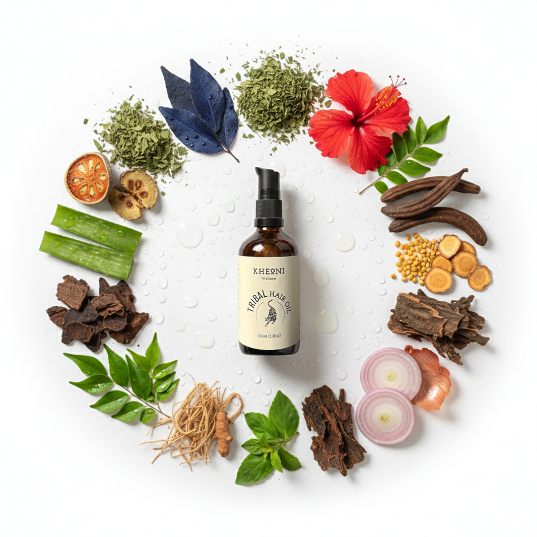 Kheoni Tribal Ayurvedic hair oil bottle – close-up