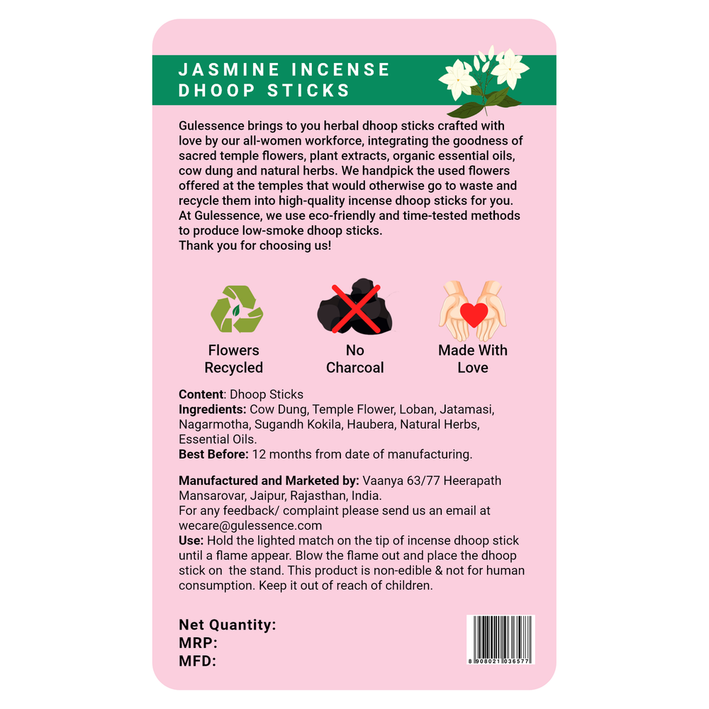 Jasmine Bamboo Less Dhoop Sticks | Made from Cow dung & Temple Flower | Gulessence - EarthBased 