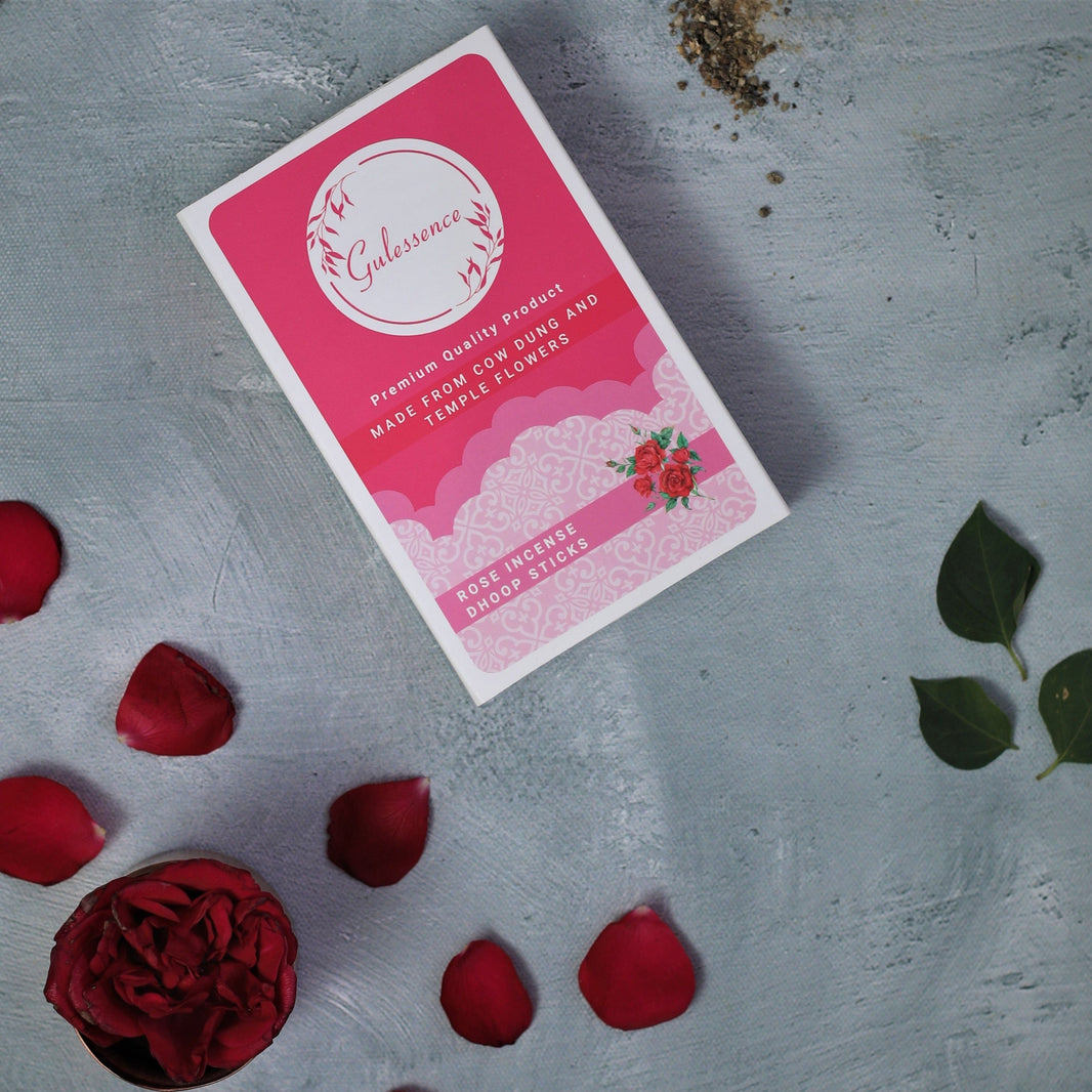 Rose Dhoop Sticks | Made from Cow dung & Temple Flower | Bamboo less Dhoop Sticks | Gulessence - EarthBased 