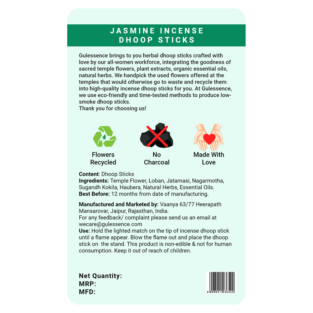 Jasmine Bamboo Less Dhoop Sticks | Made from Temple Flower | Gulessence - EarthBased 
