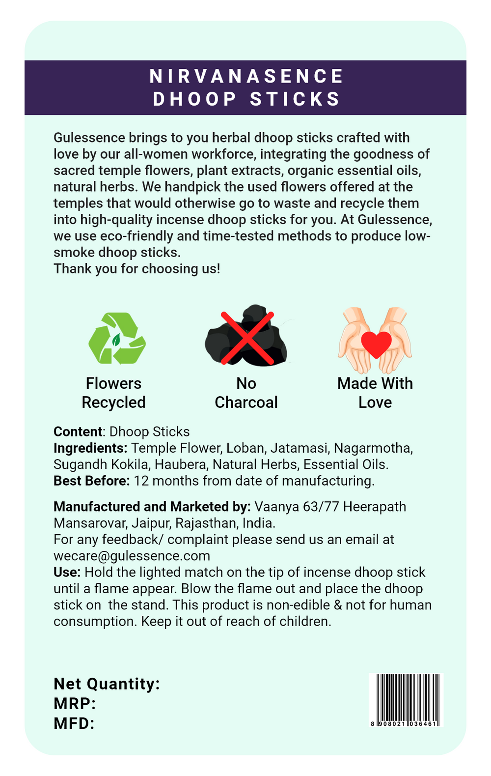 Nirvanasence  Bamboo less Dhoop Sticks | Made from Temple flowers | Gulessence - EarthBased 