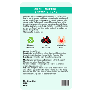Oudh Bamboo Less Incense Dhoop Sticks | Made from Temple flowers | Gulessence - EarthBased 