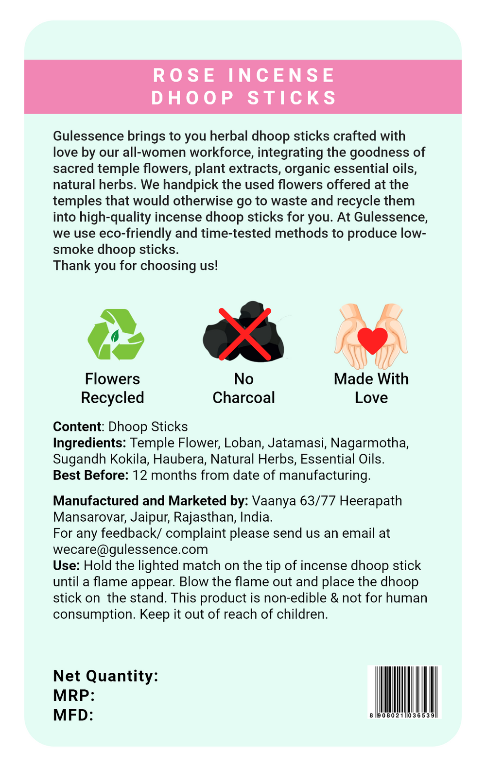 Rose Bamboo less Dhoop Sticks | Made from Temple Flower | Gulessence - EarthBased 