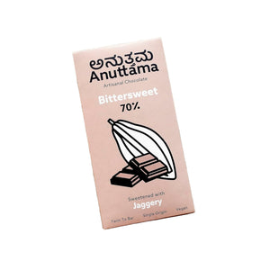 Anuttama dark chocolate bar 70% cocoa – jaggery sweetened, vegan, sugar-free handmade chocolate