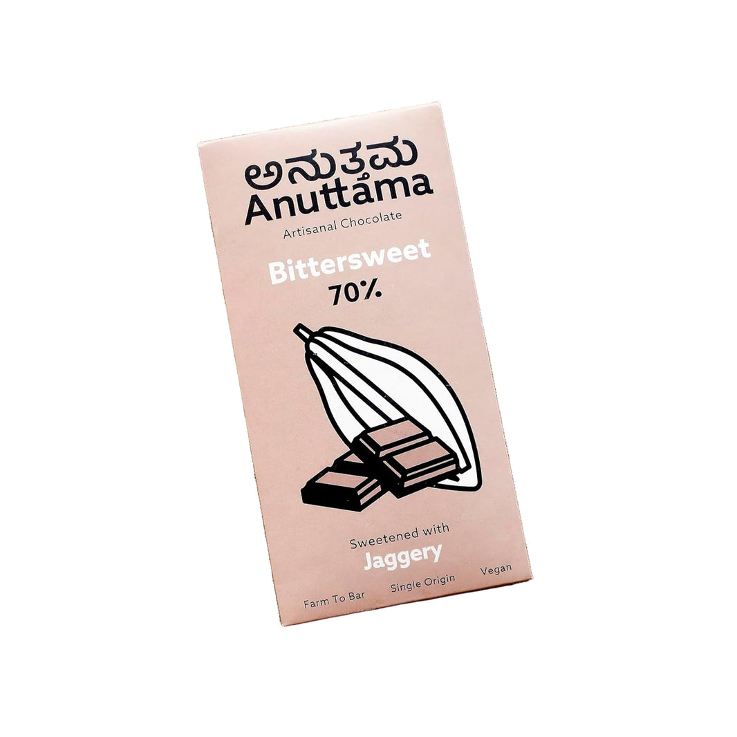 Anuttama dark chocolate bar 70% cocoa – jaggery sweetened, vegan, sugar-free handmade chocolate