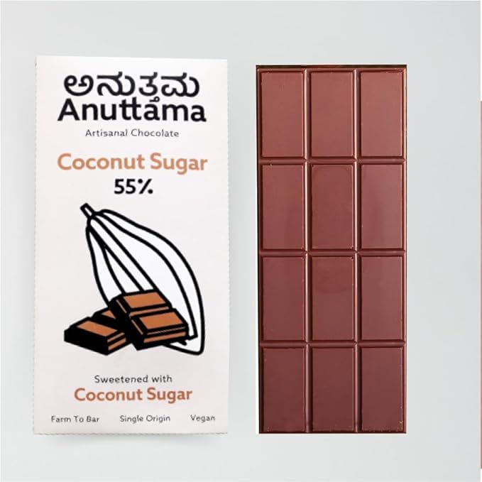 Dark Chocolate Coconut Sugar 55% Cocoa 50 gm | Sugar Free | Jaggery Sweetened | Gluten Free | Handmade Chocolate | Vegan | Natural Chocolate Bar | by Anuttama - EarthBased 