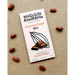 Anuttama dark chocolate 55% cocoa with coconut sugar – vegan handmade chocolate bar, 50g pack of 2