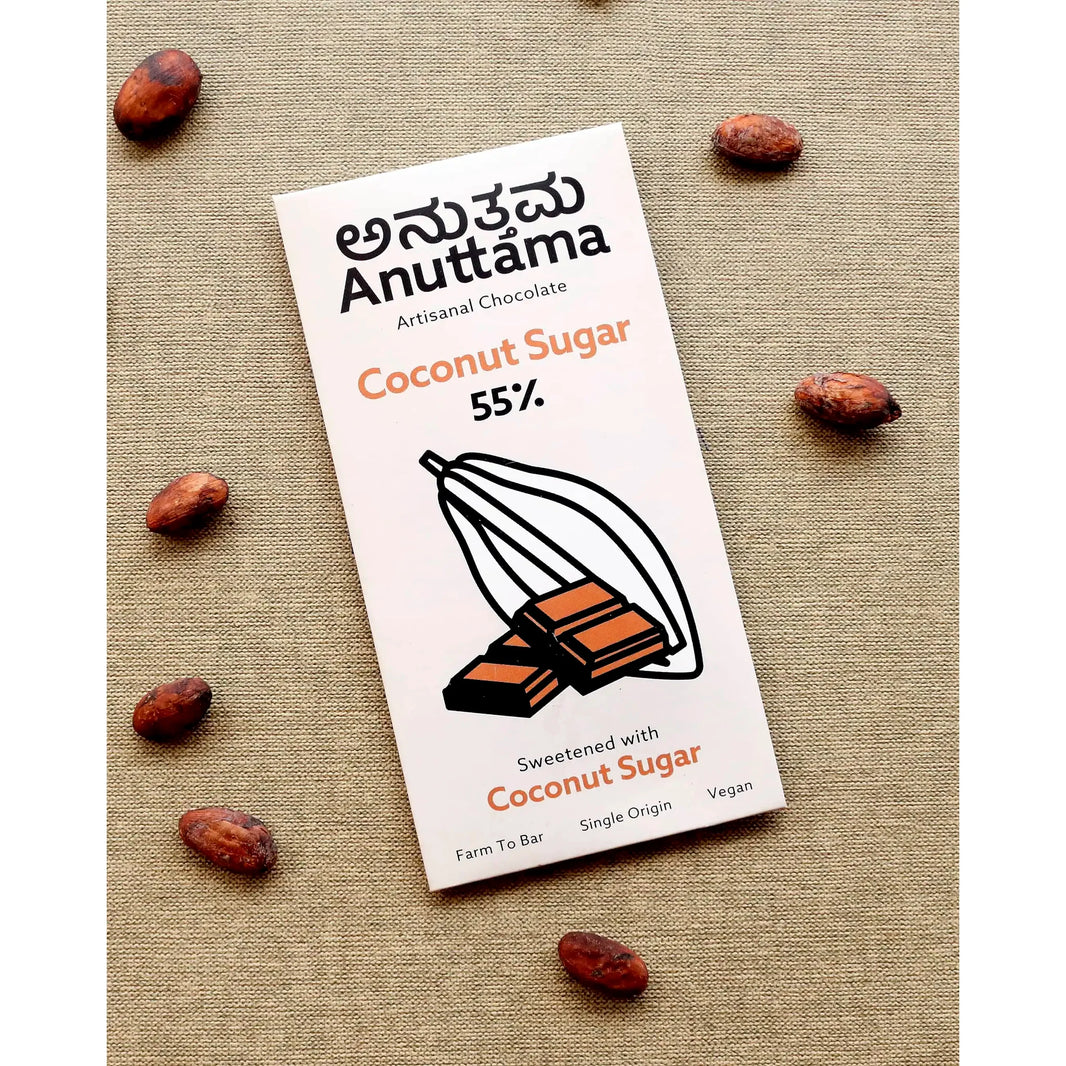 Anuttama dark chocolate 55% cocoa with coconut sugar – vegan handmade chocolate bar, 50g pack of 2