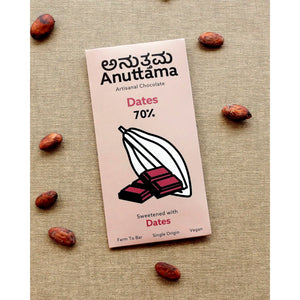 Anuttama 70% dark chocolate sweetened with dates – 3 ingredients, farm-to-bar vegan bar, pack of 2