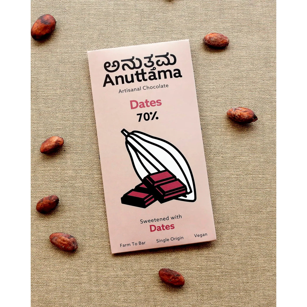 Anuttama 70% dark chocolate sweetened with dates – 3 ingredients, farm-to-bar vegan bar, pack of 2
