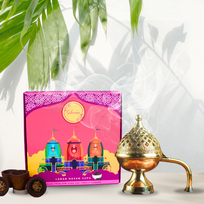 Loban Havan Cups & Brass Dhooni | Made from Cow dung & Temple Flower   |Gulessence - EarthBased 