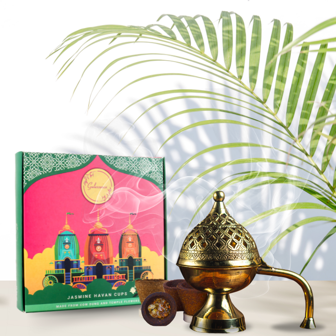 Jasmine Havan Cups & Brass Dhooni | Made from Cow dung & Temple Flower   |Gulessence - EarthBased 