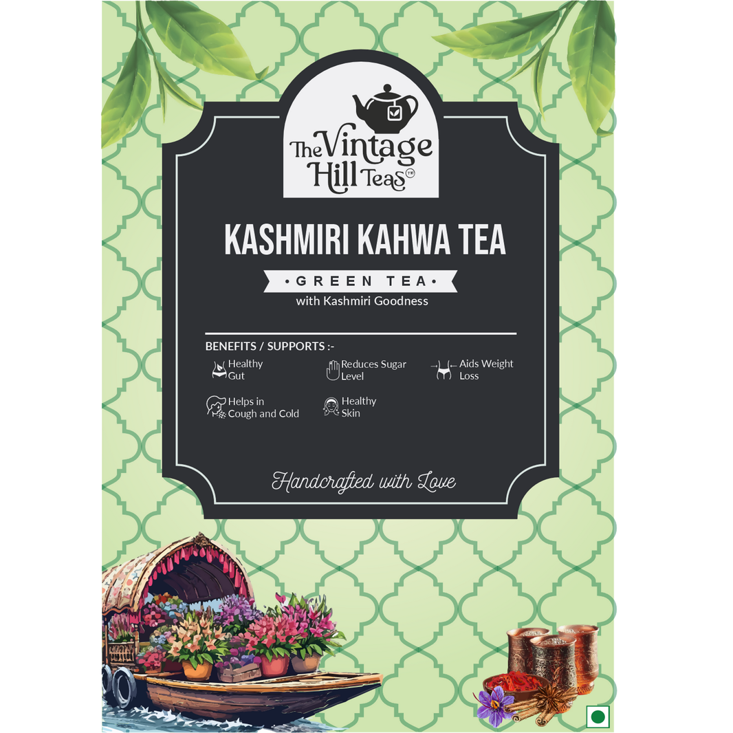 Kashmiri Kahwa tea leaves with saffron and almond close up