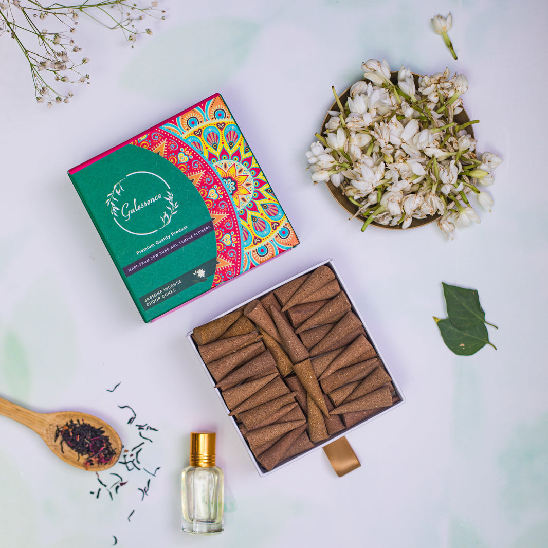 Rose & Jasmine Dhoop cones  - Made from Cowdung & Temple Flowers | Combo Boxes | Gulessence - Gulessence