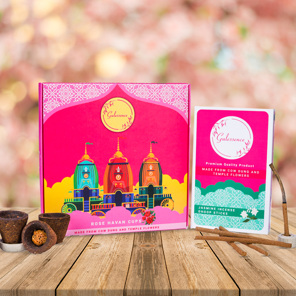 Rose Havan cup & Jasmine Dhoop Sticks - Made from Cowdung & Temple Flowers | Combo Boxes | Gulessence | Pack of 2 - EarthBased 