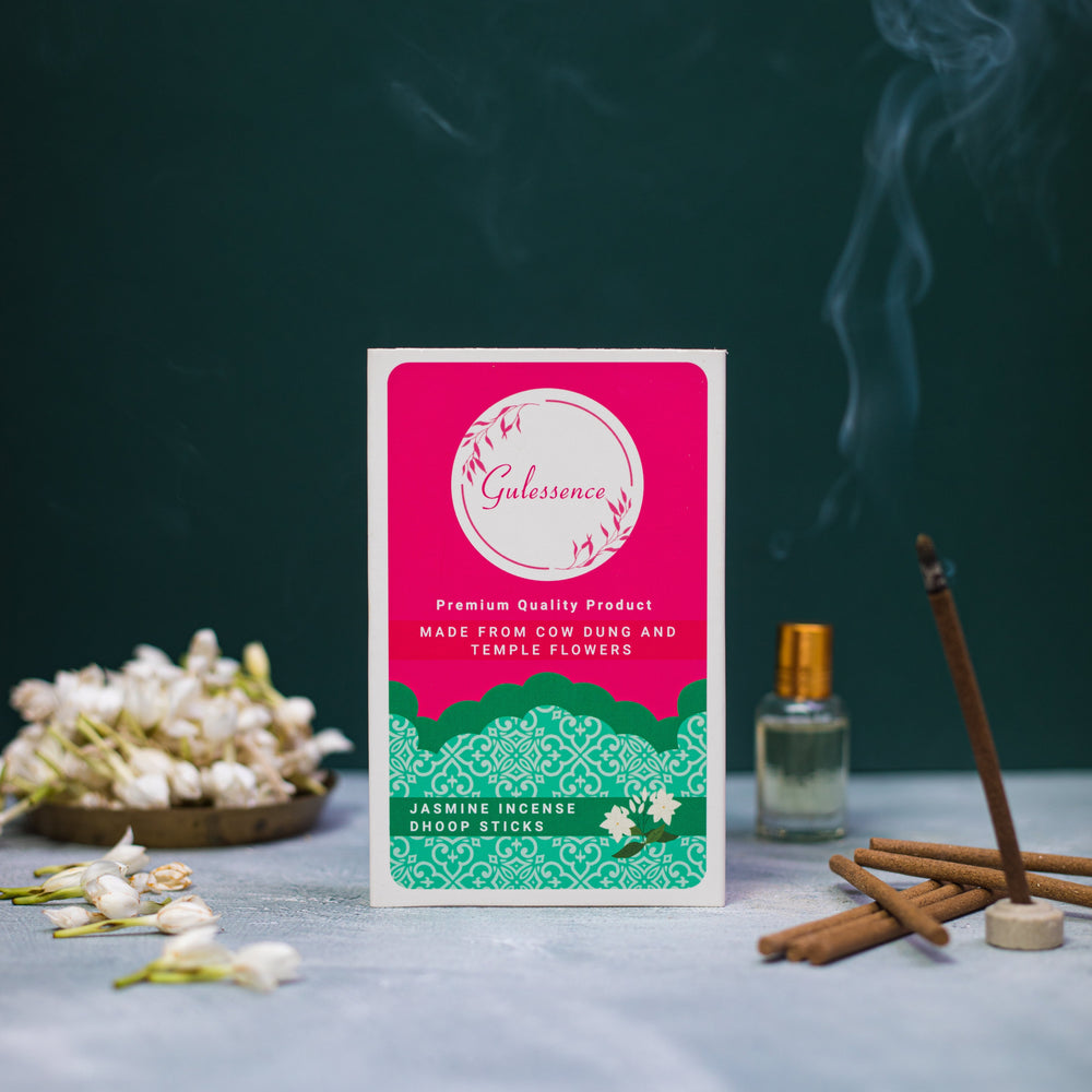 Rose Havan cup & Jasmine Dhoop Sticks - Made from Cowdung & Temple Flowers | Combo Boxes | Gulessence | Pack of 2 - EarthBased 