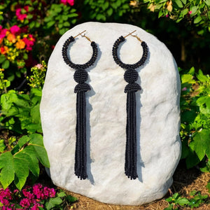 Elegant Black Beaded Hoop Earrings with Tassel Detail - EarthBased 