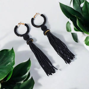 Elegant Black Beaded Hoop Earrings with Tassel Detail - EarthBased 