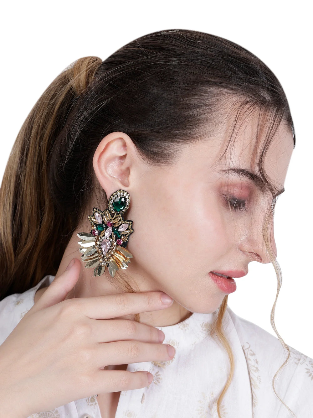 Elegant Gold-Tone Earrings with Crystals and Gems design | elegant and eye-catching - EarthBased 
