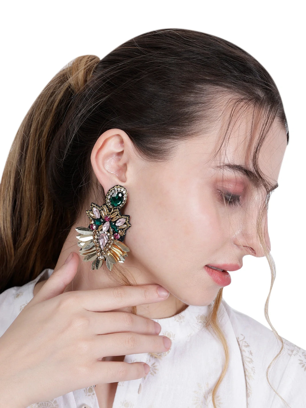 Elegant Gold-Tone Earrings with Crystals and Gems design | elegant and eye-catching - EarthBased 