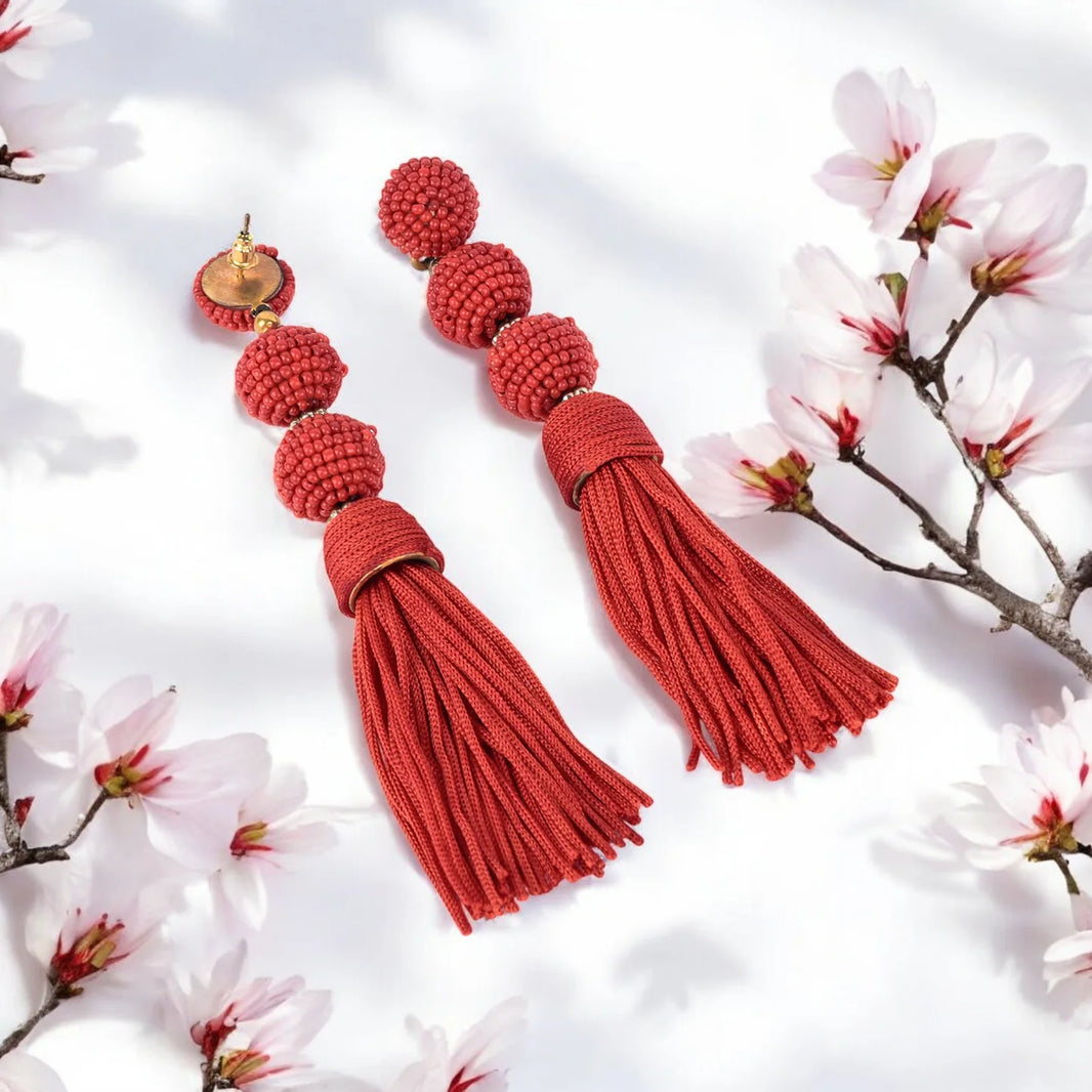 Elegant Red Beaded Tassel Earrings - Statement Jewellery - EarthBased 