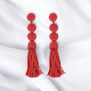 Elegant Red Beaded Tassel Earrings - Statement Jewellery - EarthBased 