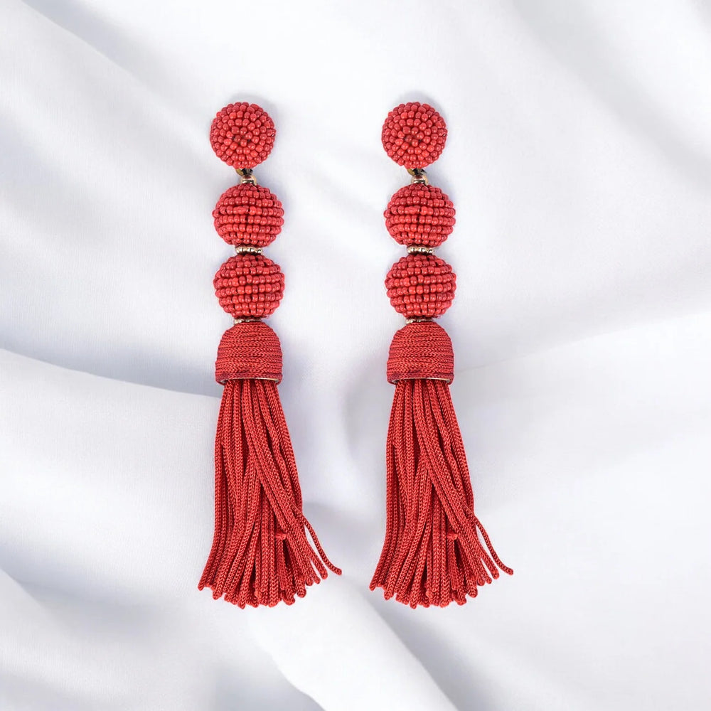 Elegant Red Beaded Tassel Earrings - Statement Jewellery - EarthBased 