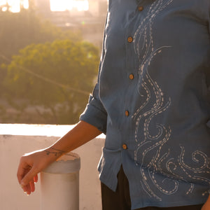 Blue pure cotton shirt with hand painted details for women