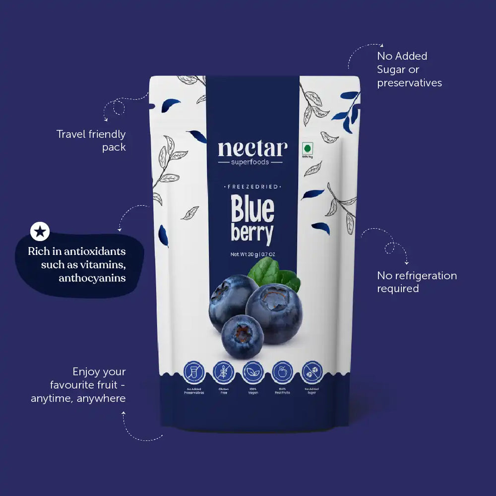 NECTAR SUPERFOODS- FREEZE DRIED BLUEBERRY WHOLE- PACK OF 2 UNITS 20 GM EACH - EarthBased 