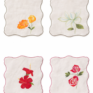 Set of cotton cloth napkins with hand painted floral motifs including hibiscus, rose and botanical flowers, decorative reusable napkins for dining table settings.